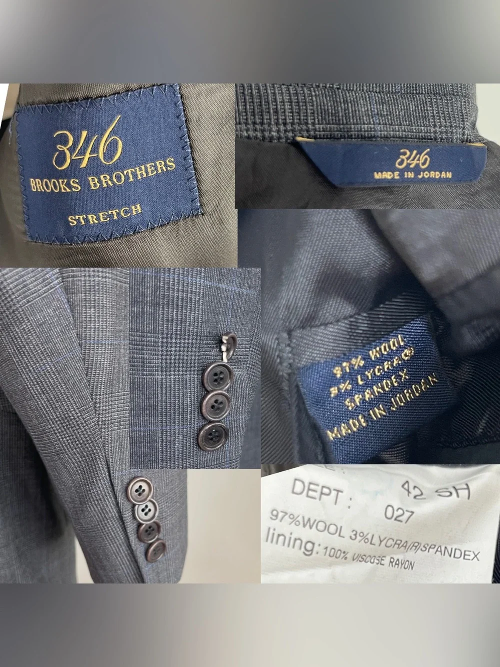 Brooks Brothers 346 Stretch Wool Blazer Gray Blue Plaid Sport Coat Jacket Sz 42S